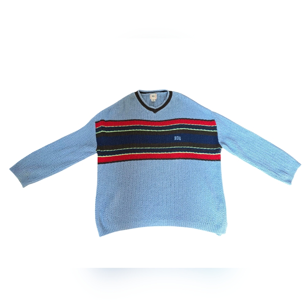 BDG Urban Outfitters Oversized Chunky Knit V Neck Striped Blue Sweater Size S